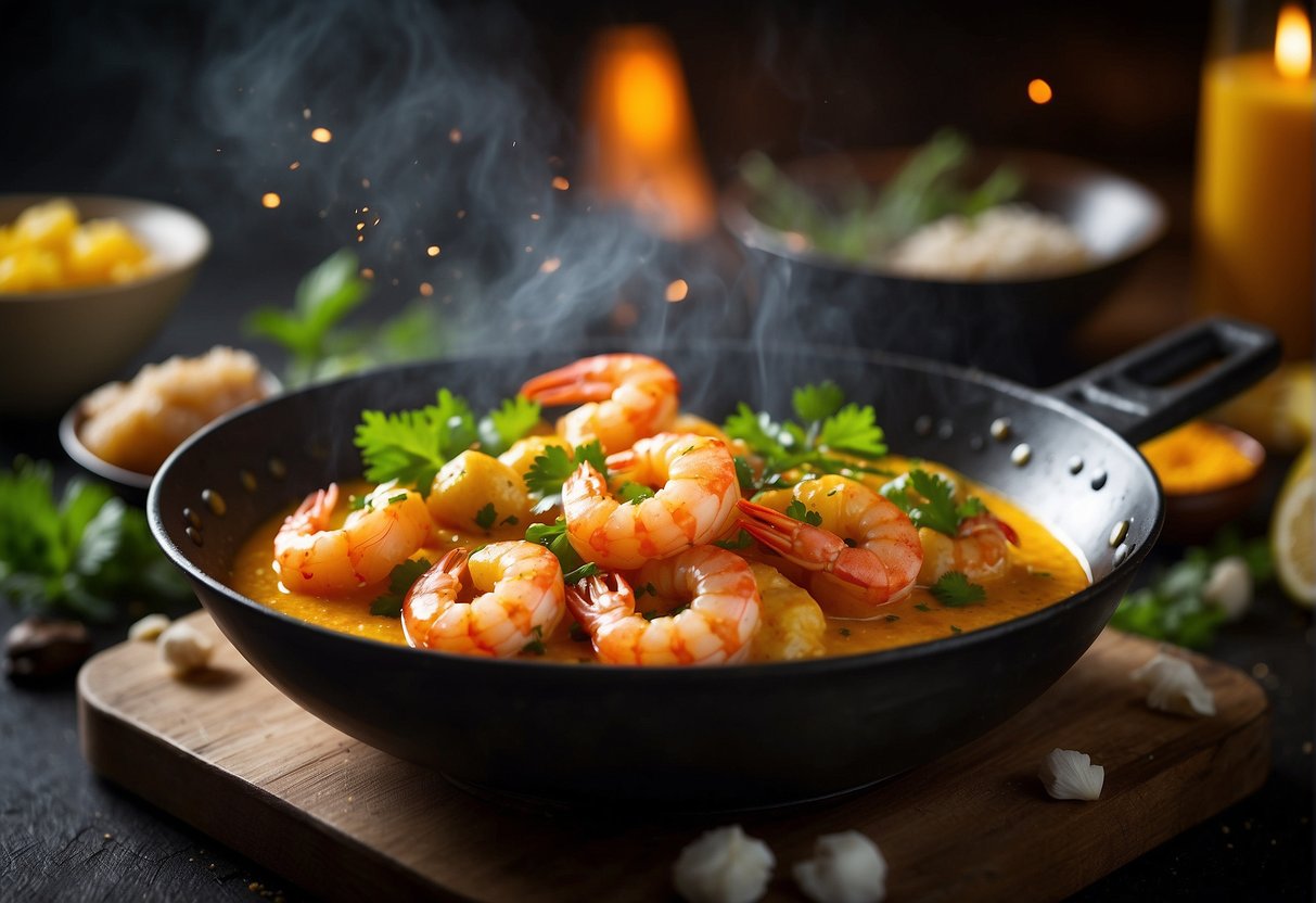 Prawns coated in salted egg yolk sauce, sizzling in a wok with aromatic Chinese spices and herbs