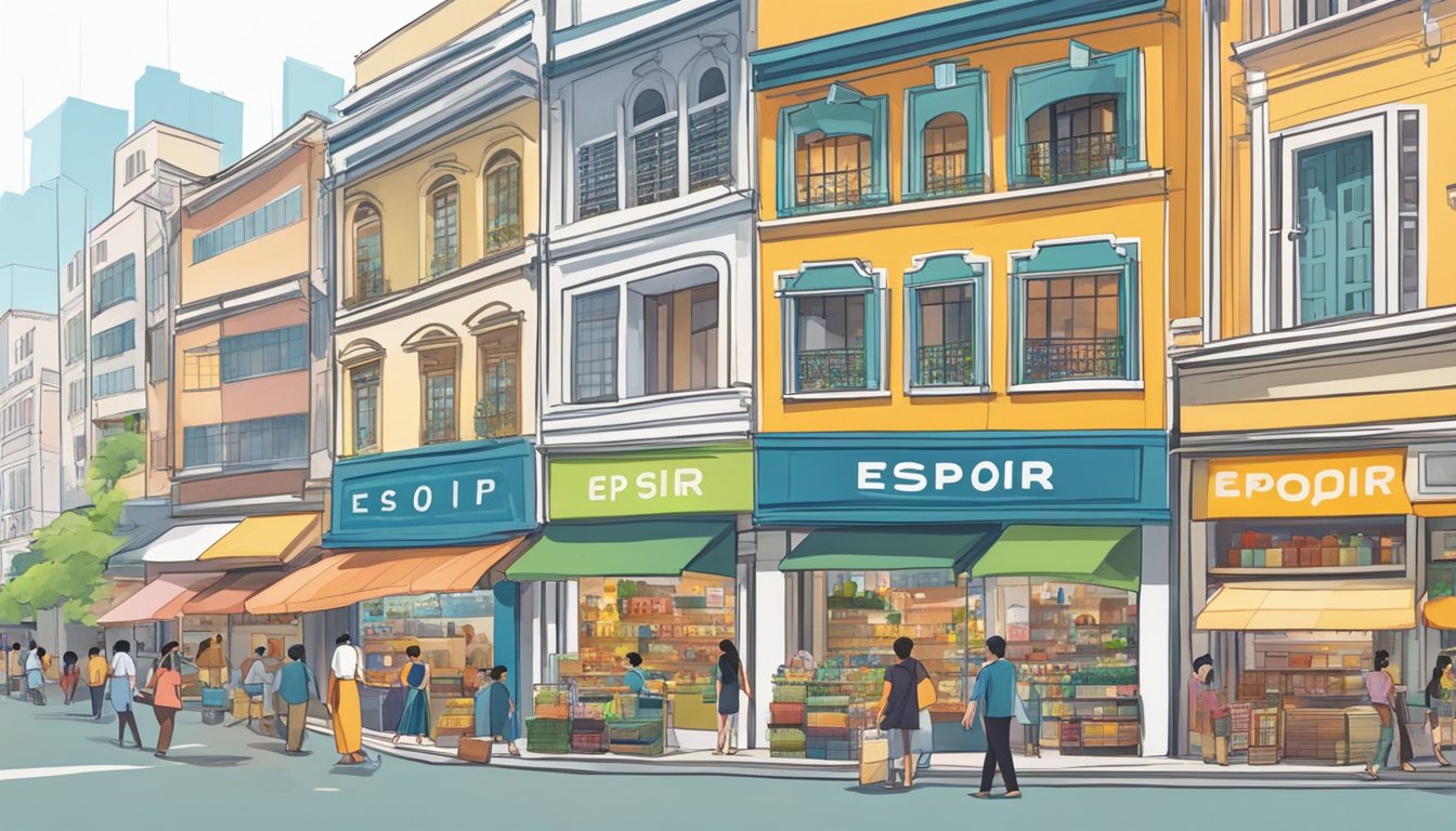 A bustling street in Singapore with colorful storefronts and a prominent sign reading "Espoir" in bold letters. Shoppers browse the shelves and a friendly salesperson assists a customer