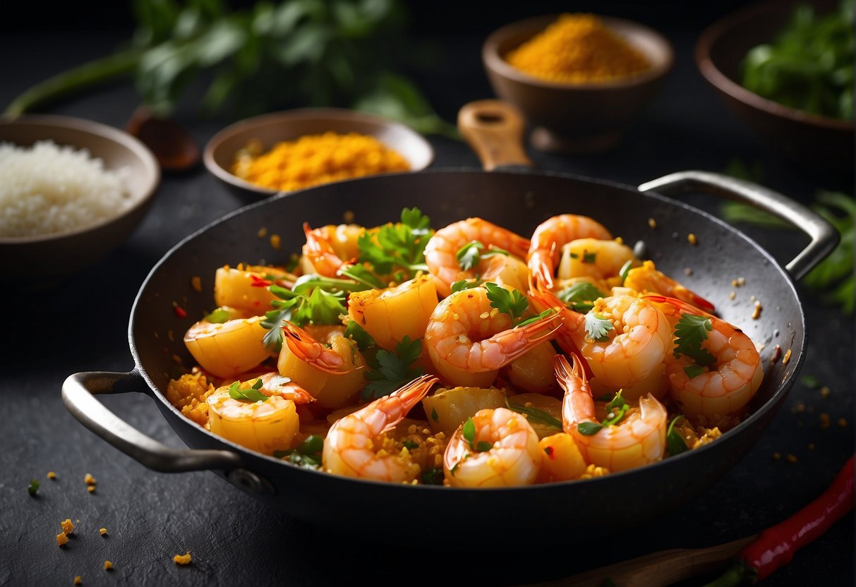 A plate of salted egg prawns sizzling in a wok, surrounded by chopped garlic, chili, and curry leaves. A golden, crispy coating covers the succulent prawns, emitting a tantalizing aroma