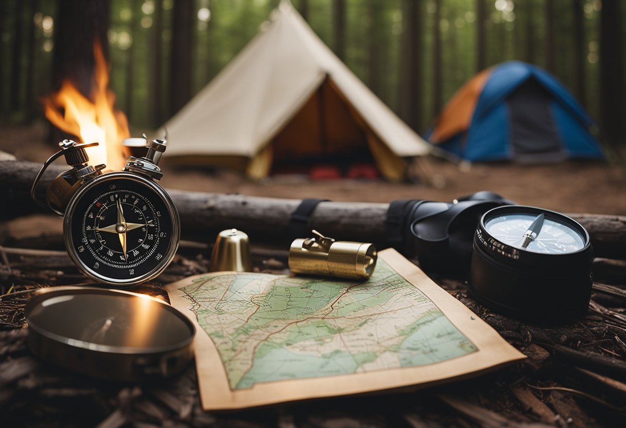 A campfire surrounded by friends, with a map and compass on a log. A flashlight shines on a signal mirror, while a tent and backpack sit in the background