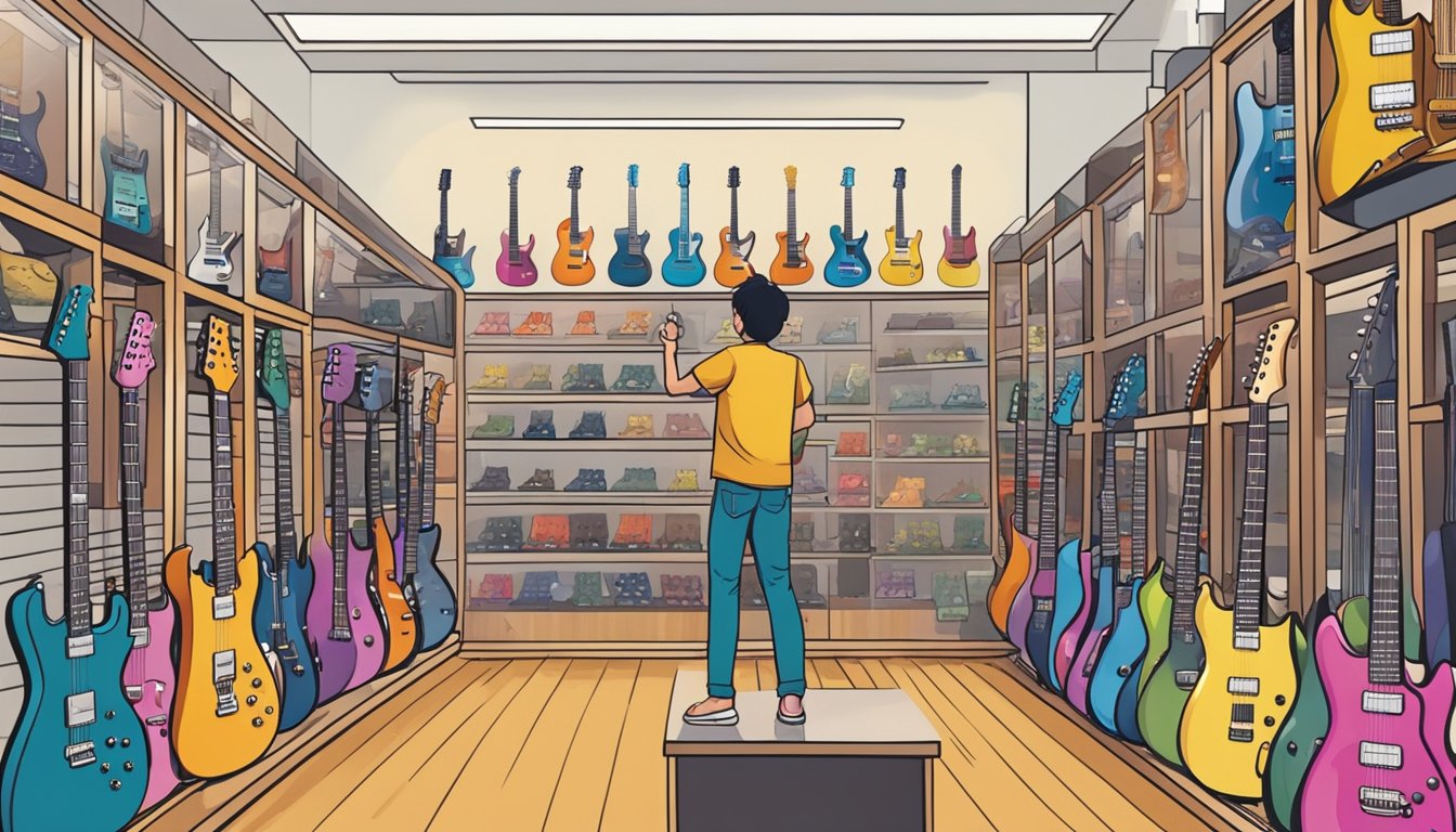 A customer browsing through a variety of electric guitars in a music store in Singapore, with colorful displays and helpful staff