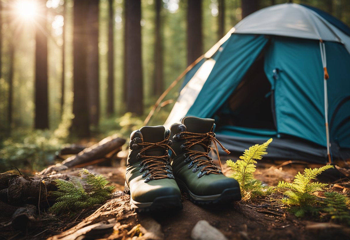 A tent pitched in a serene forest clearing, with a crackling campfire and a cozy sleeping bag inside. A backpack and hiking boots sit nearby, ready for adventure