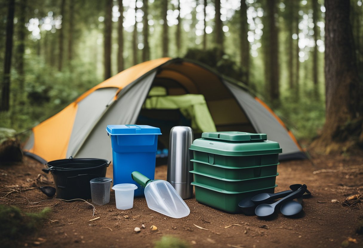 A campsite with reusable utensils, composting bin, and solar-powered lights. No single-use plastics in sight