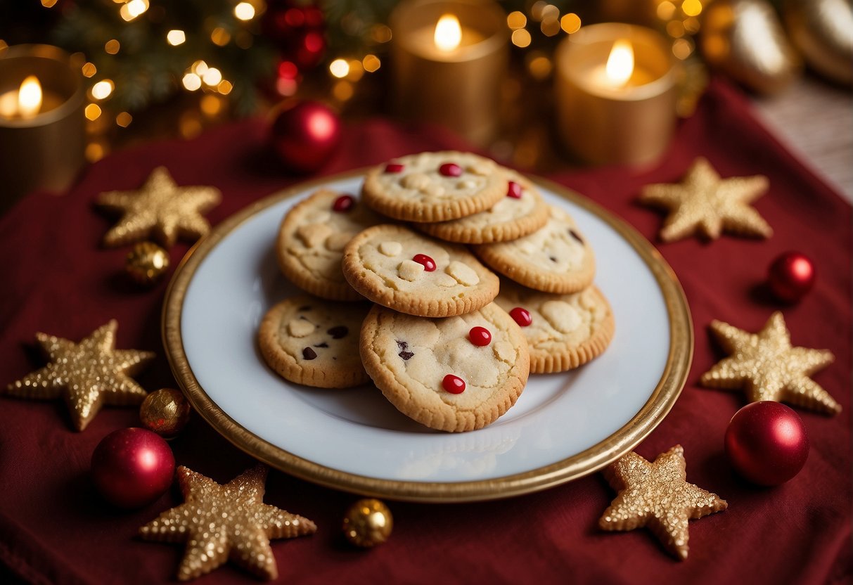 Cookies arranged on a festive platter, surrounded by red and gold decorations. A pair of chopsticks rests nearby, ready to present the treats