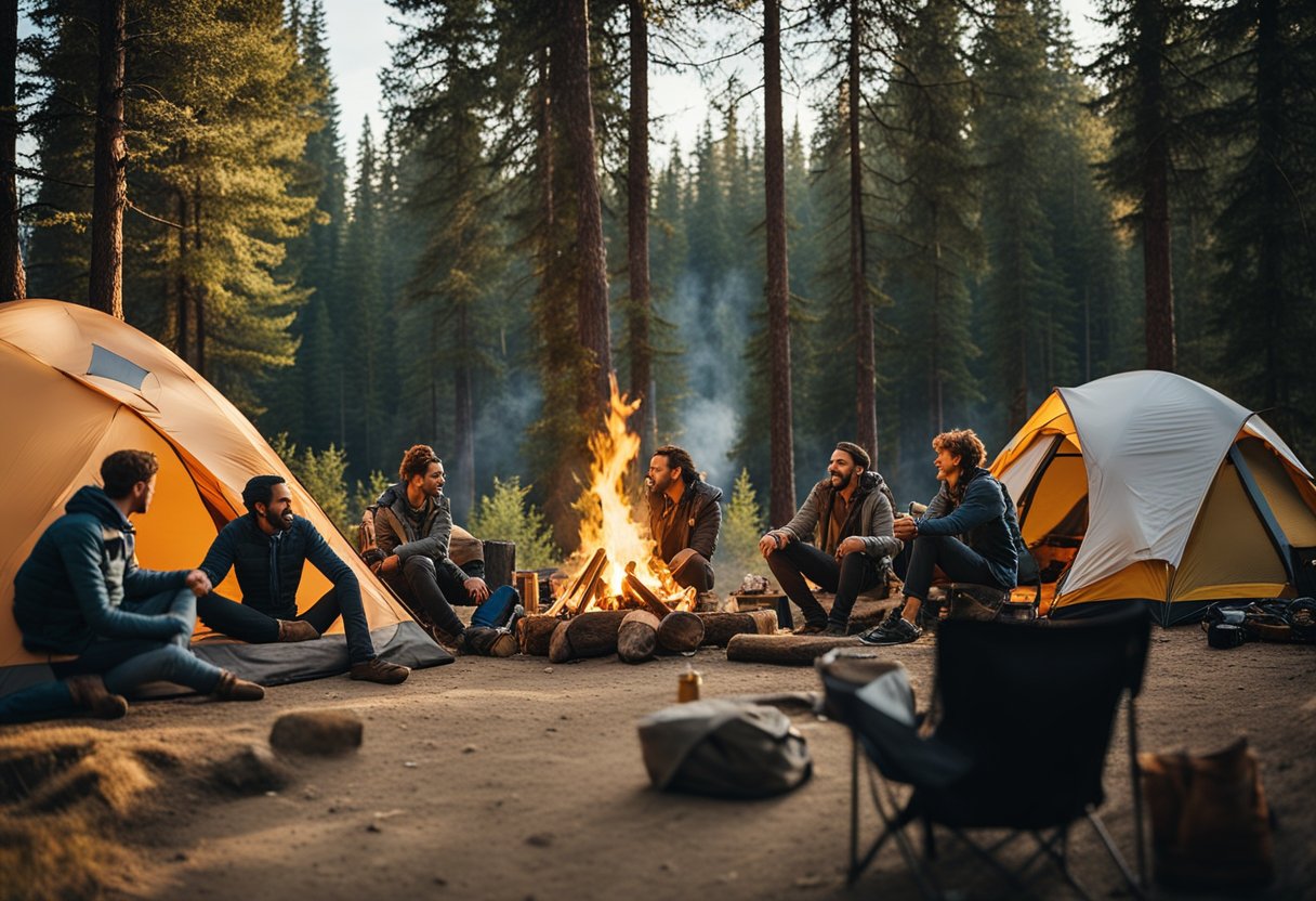 A campsite with a roaring campfire, surrounded by tents and camping gear. A group of people are sitting around the fire, talking and laughing. In the background, a serene natural environment with trees, mountains, and a clear sky