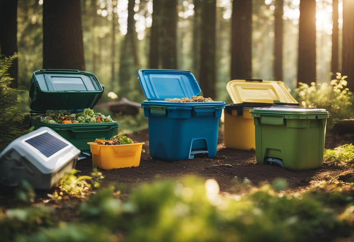 A campsite with reusable containers, composting bin, and solar-powered lights. No single-use plastics in sight