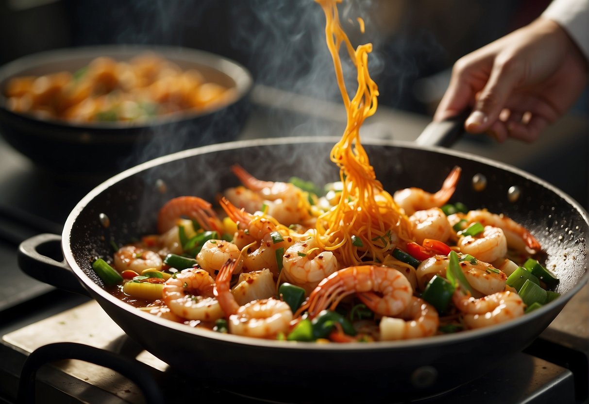 A wok sizzles as prawns are tossed with salted egg yolk and Chinese spices, creating a fragrant and flavorful dish