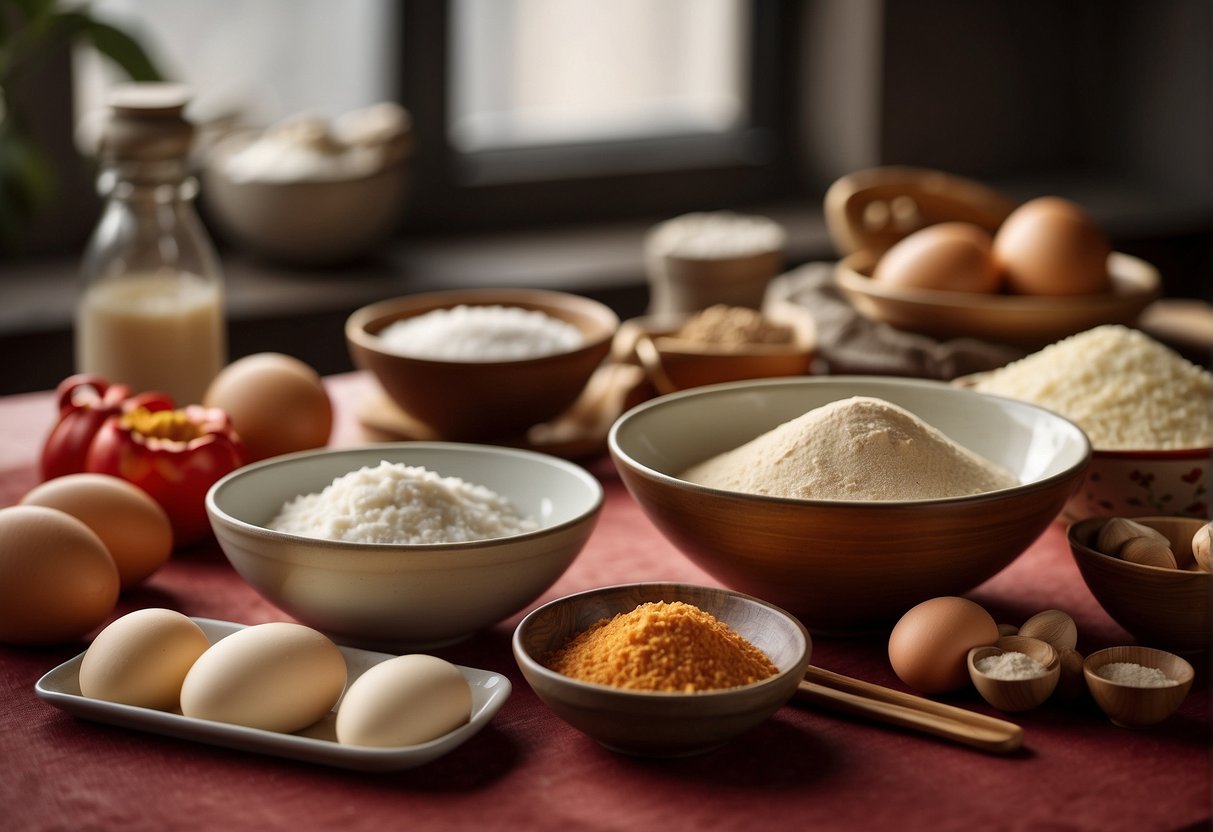 A table with various ingredients and utensils for making Chinese New Year cookies, including flour, sugar, eggs, and a mixing bowl
