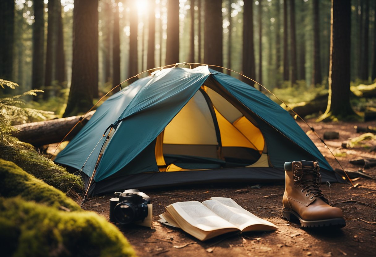 A tent pitched in a serene forest clearing, surrounded by tall trees and a crackling campfire. A map and compass lay on a nearby log, while a backpack and hiking boots sit at the entrance of the tent