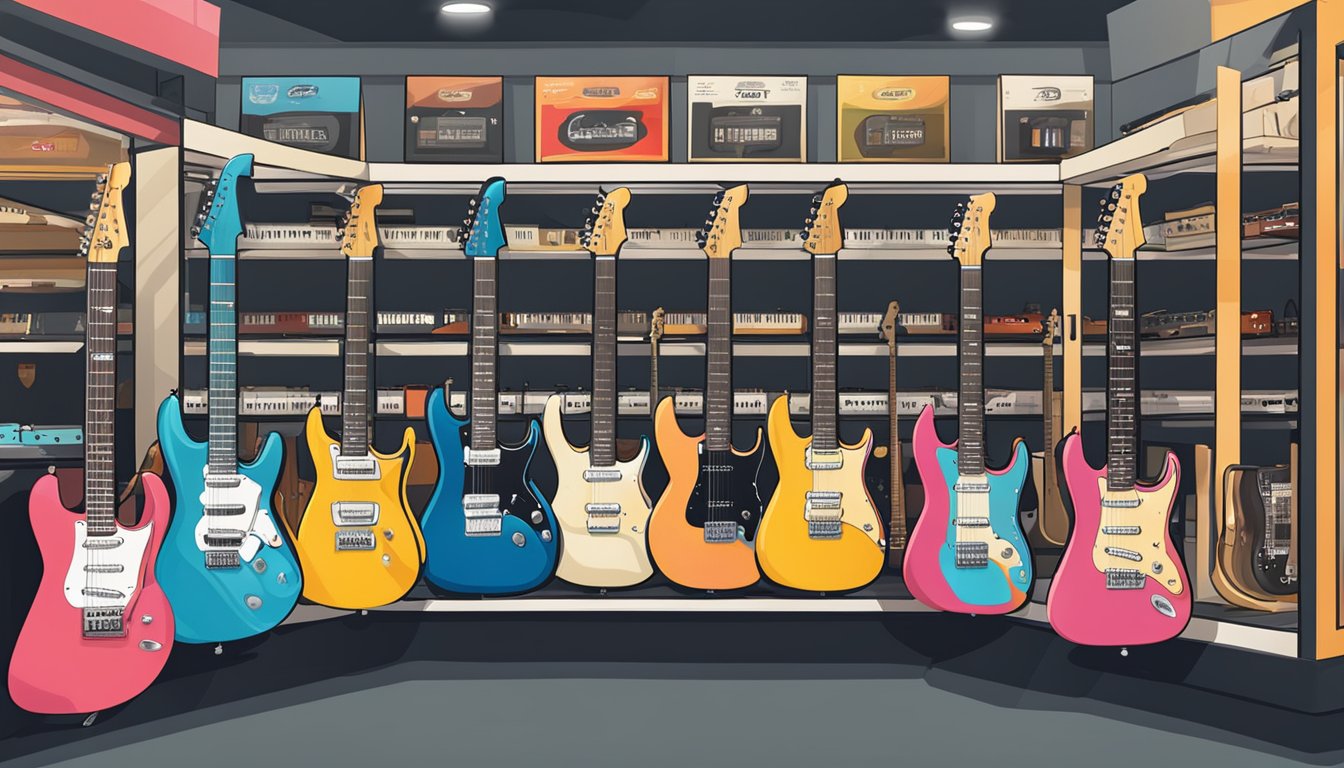 A music store in Singapore displays electric guitars with price tags