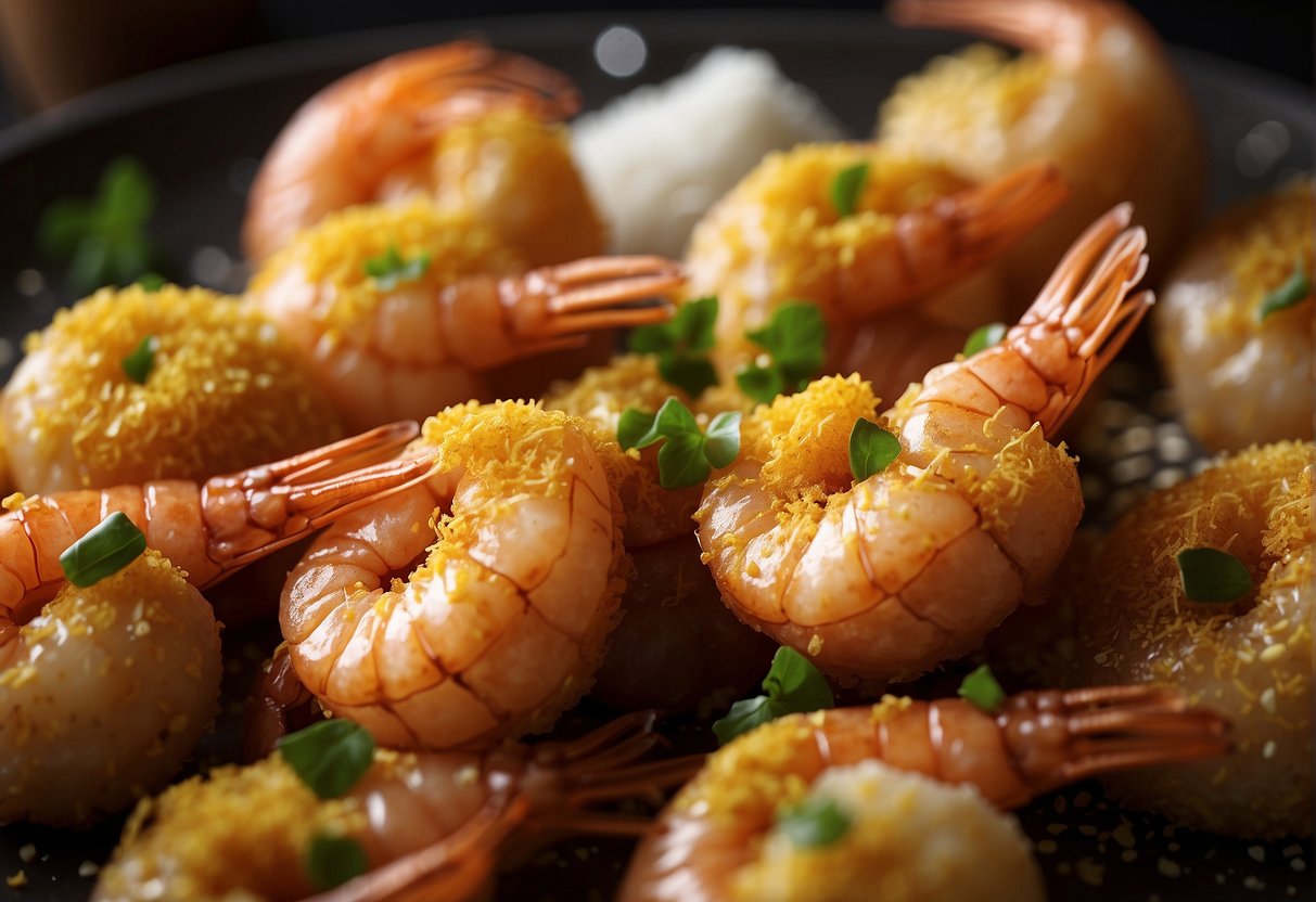 Prawns are being coated in a mixture of salted egg yolk, flour, and seasoning. They are then deep-fried until golden brown and crispy