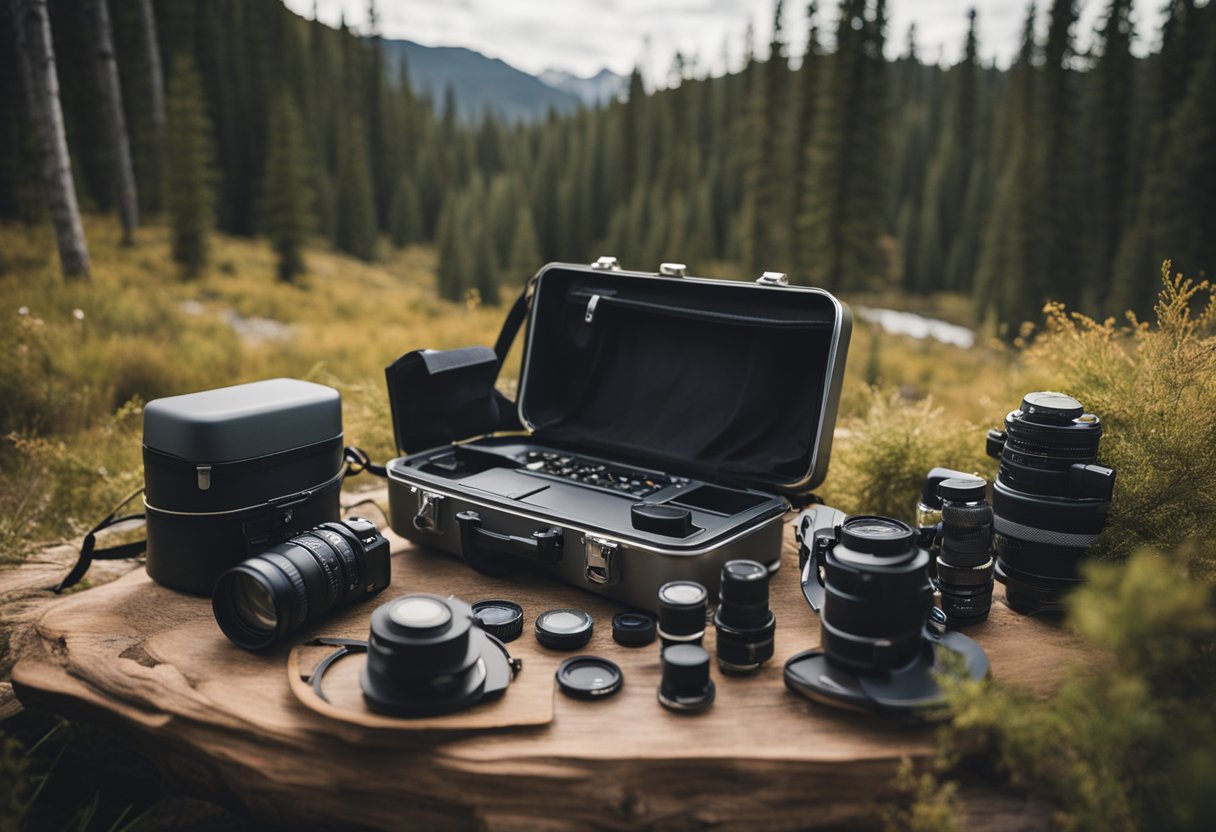 A person selects communication gear while camping. Outdoor tips are shown