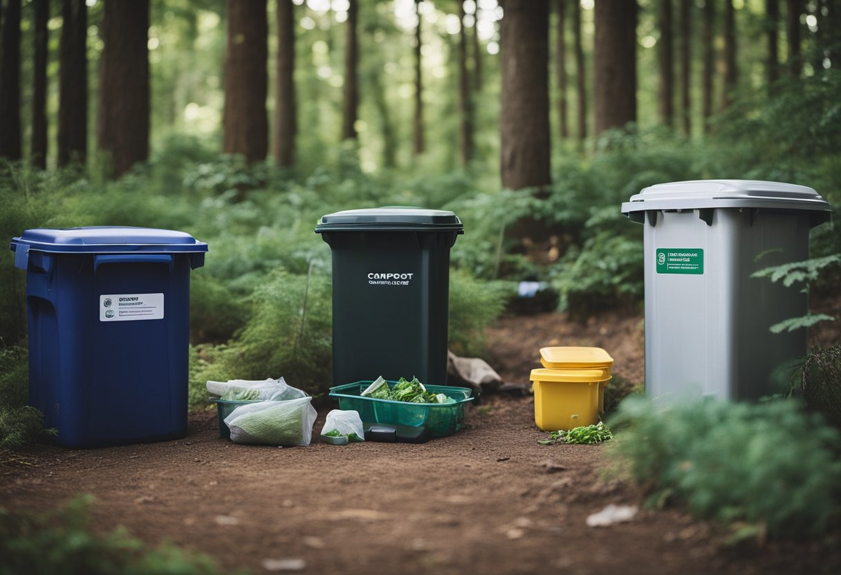 A campsite with reusable containers, cloth bags, and metal utensils. A compost bin and recycling station are set up nearby. No single-use plastics in sight