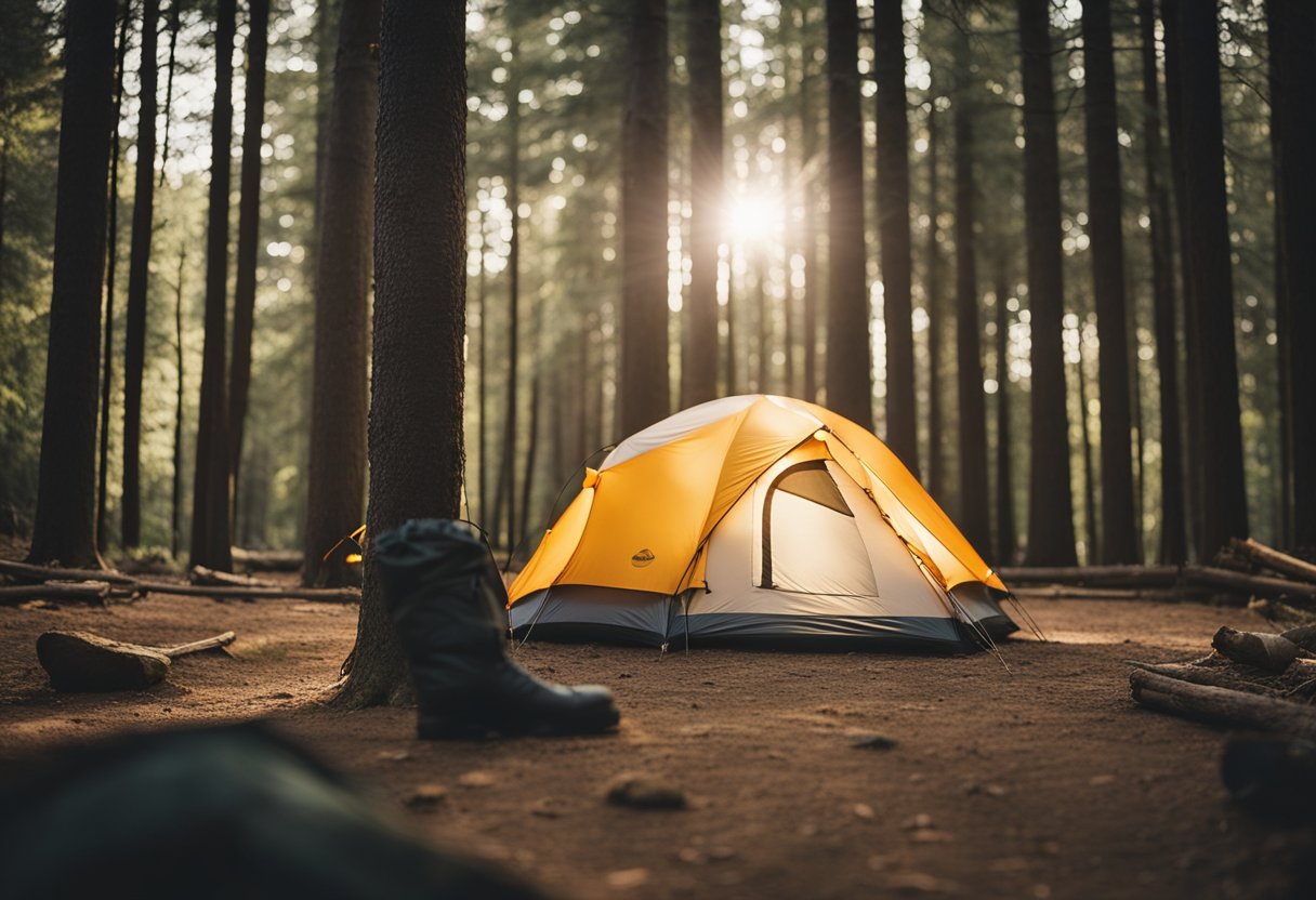 A tent is being pitched in a clearing surrounded by tall trees. A campfire is being set up, and a backpack and camping gear are scattered nearby