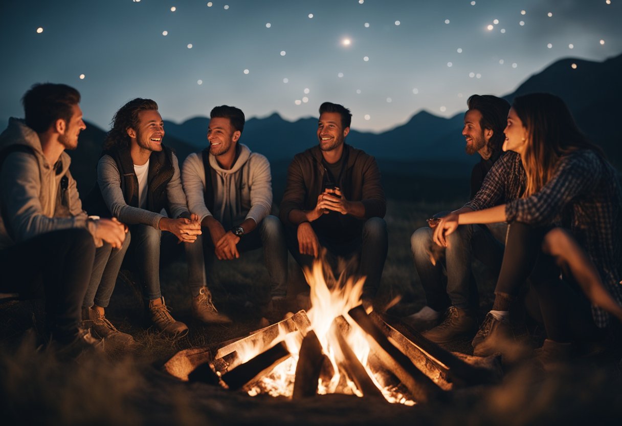 A campfire surrounded by friends, with a group sitting in a circle, engaging in lively conversation and storytelling under the stars