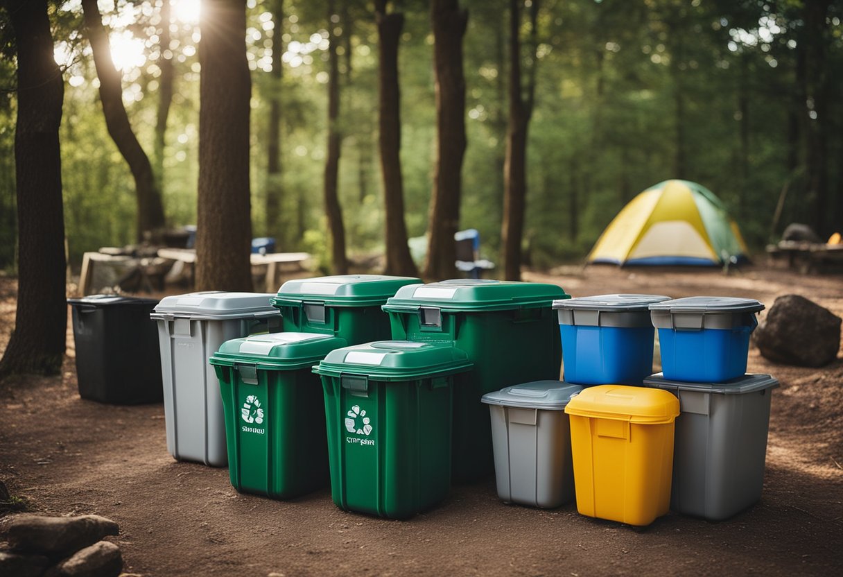 A campsite with reusable containers, compost bins, and solar-powered lights. No single-use plastics or waste in sight