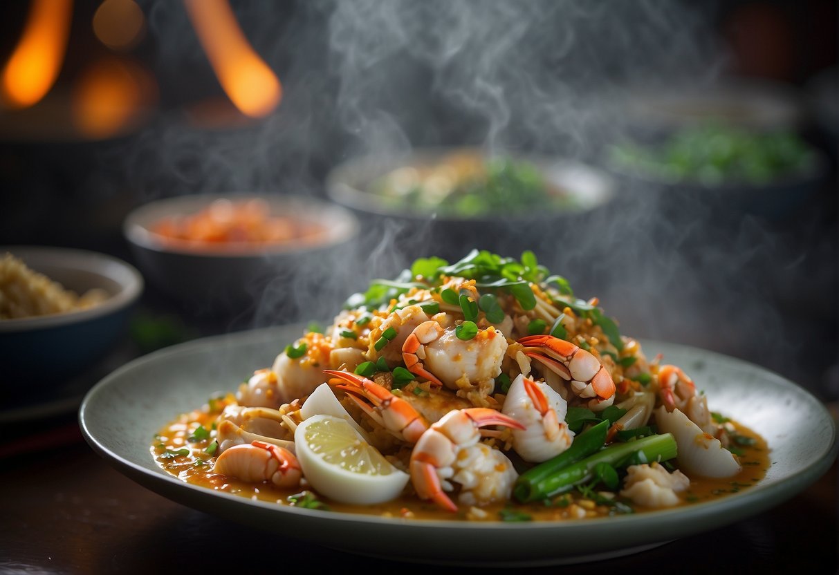 A steaming wok sizzles with fresh crab and fragrant salted egg sauce, surrounded by aromatic spices and vibrant green onions
