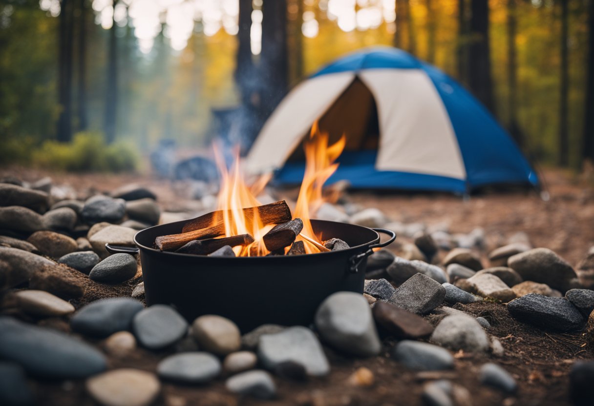 A campfire burns safely in a clearing, surrounded by a ring of rocks. A tent is pitched nearby, and a bucket of water and shovel are easily accessible