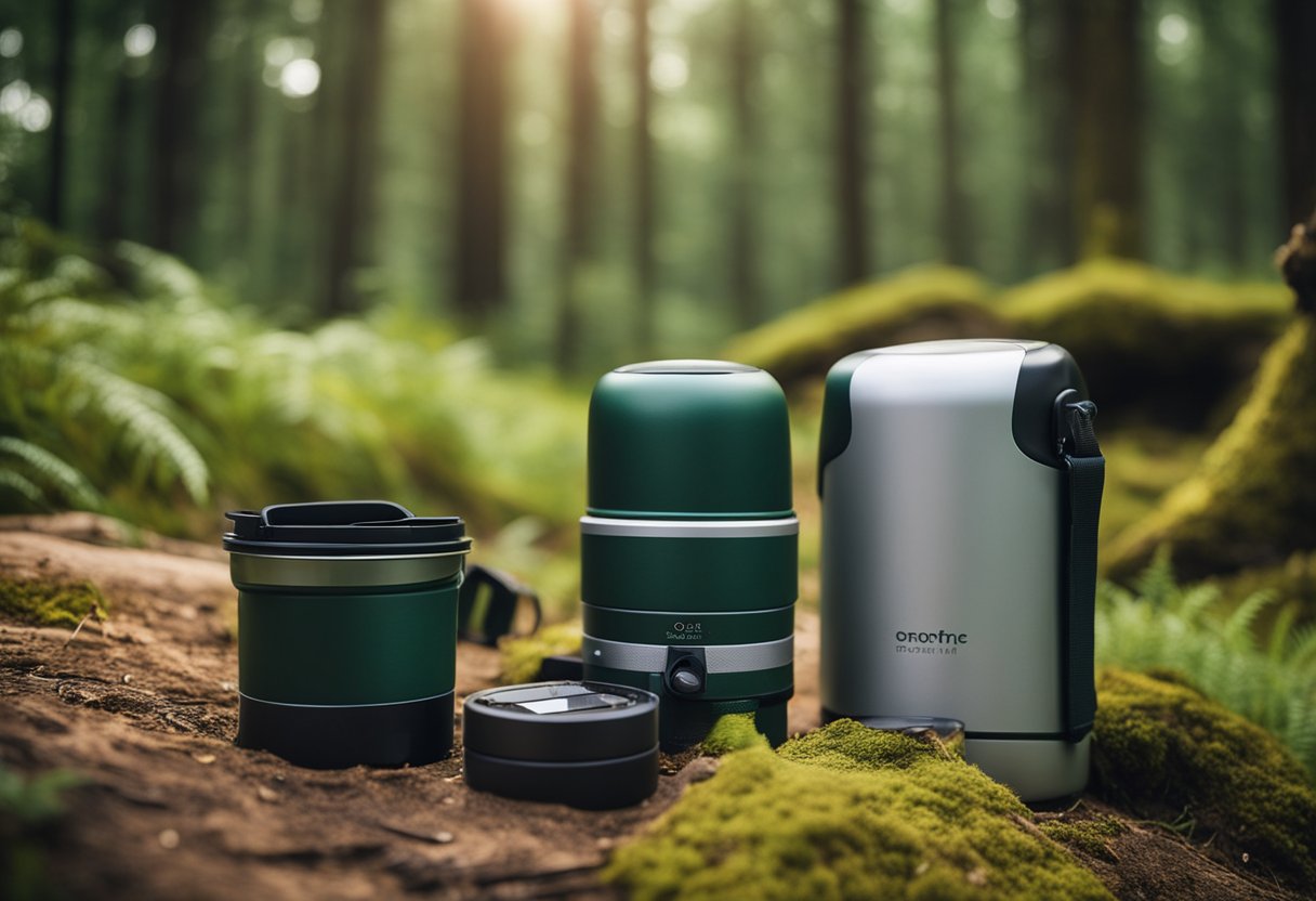 A serene forest with reusable gear, compostable packaging, and a solar-powered campsite, surrounded by untouched nature and wildlife