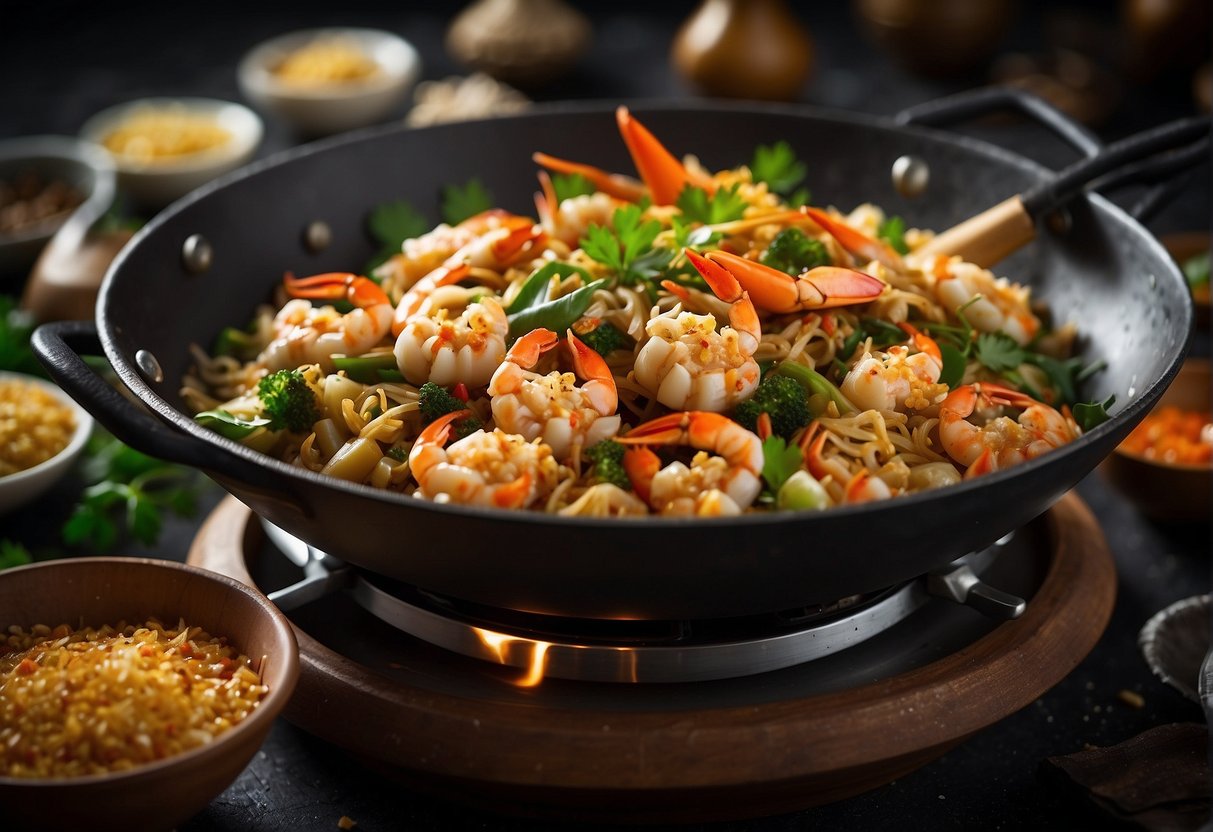 A wok sizzles with crab pieces, stir-fried in a rich salted egg sauce. Aromatic spices and fresh herbs surround the dish