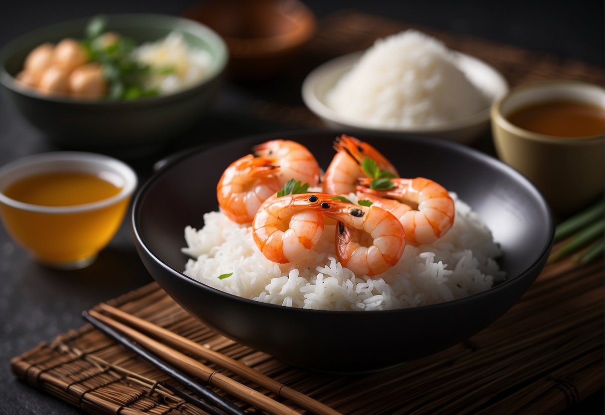 A plate of salted egg prawns surrounded by chopsticks and a bowl of steamed rice. A pot of Chinese tea sits nearby