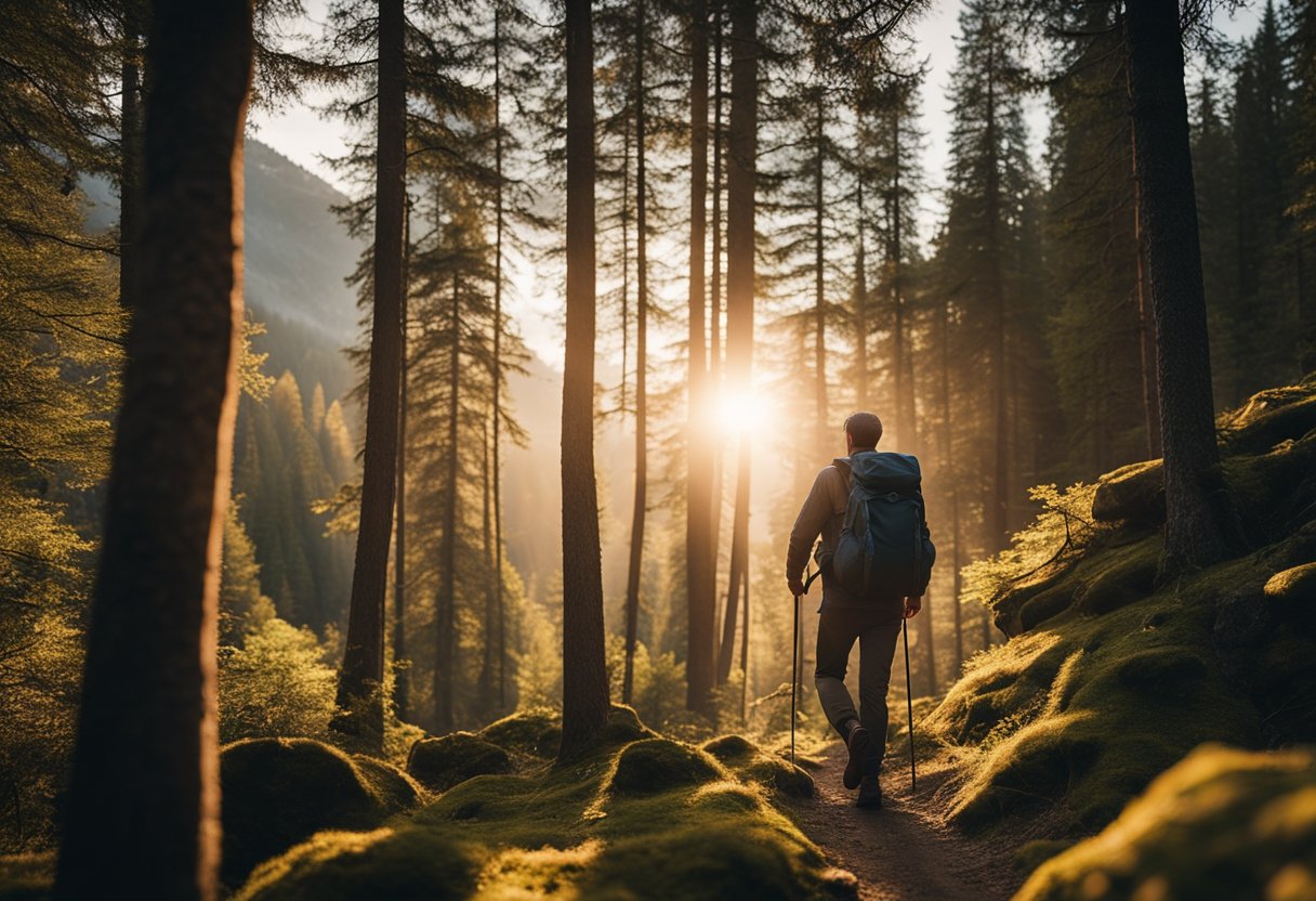 A lone hiker navigates through a dense forest, carrying a backpack and walking stick. The sun sets behind the mountains, casting a warm glow on the peaceful campsite