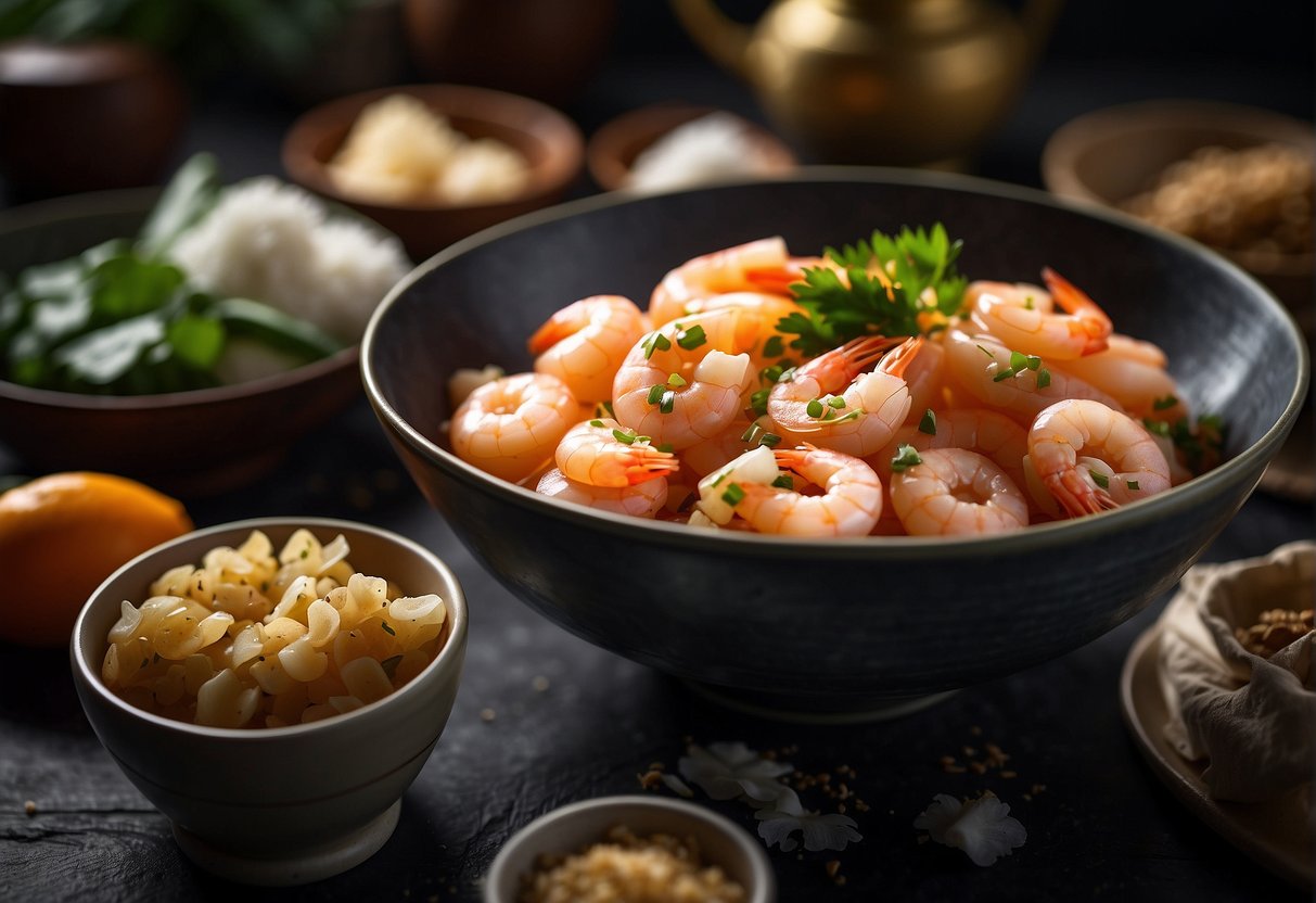 A kitchen counter with a bowl of salted eggs, a plate of fresh prawns, and various Chinese ingredients like soy sauce, garlic, and ginger