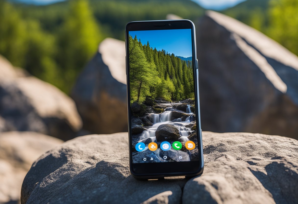 A smartphone placed on a rock with a clear blue sky in the background, surrounded by trees and mountains. The battery icon shows full charge, and the signal strength is at maximum