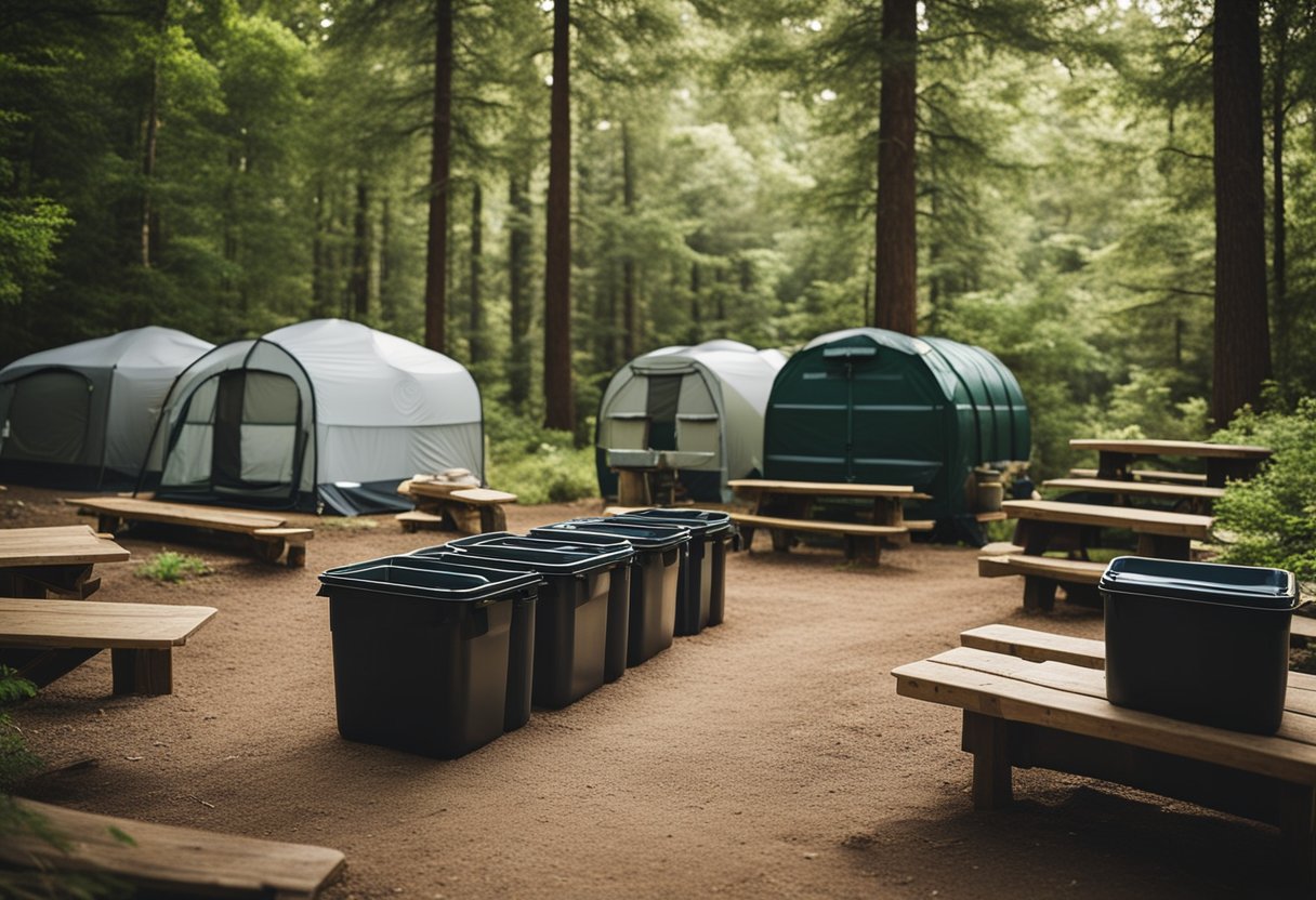 A pristine campsite with reusable containers, composting area, and no litter. Eco-friendly gear and sustainable practices evident