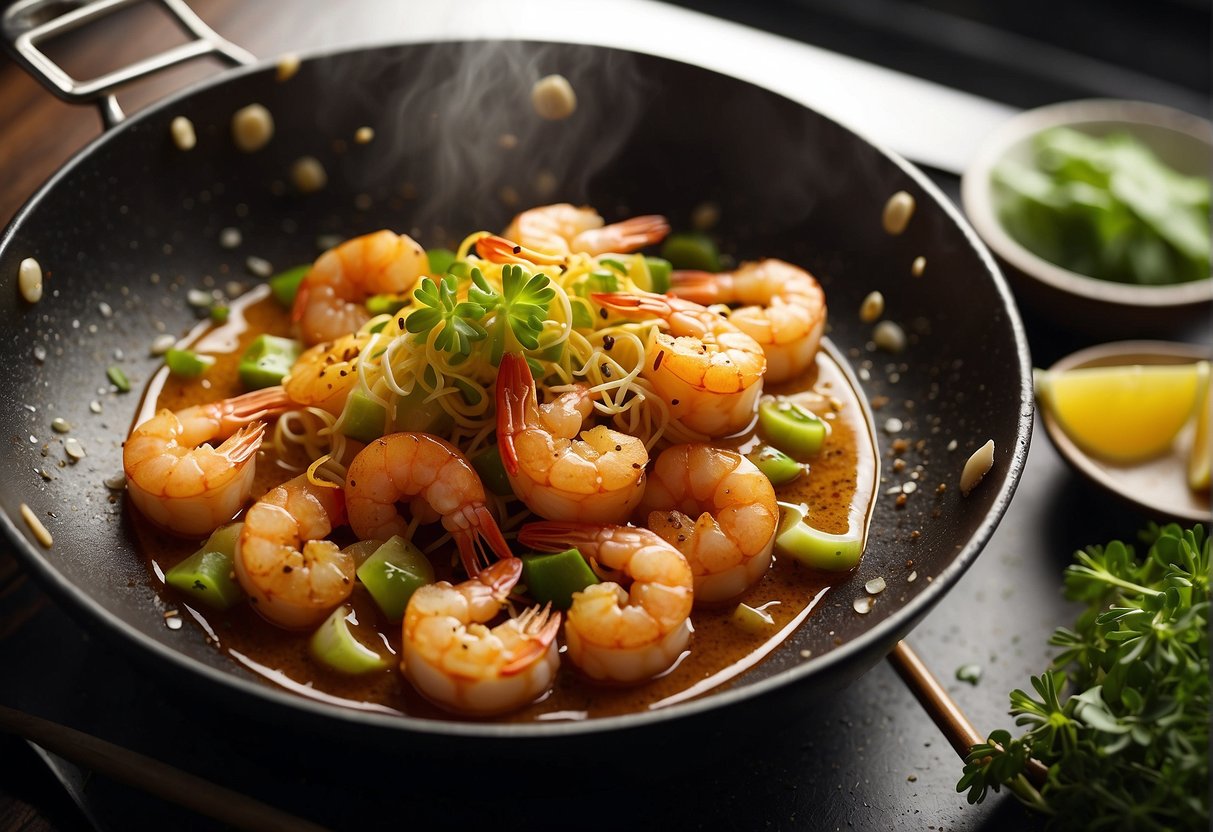 A sizzling wok tosses succulent prawns coated in rich, golden salted egg sauce, filling the air with a tantalizing aroma