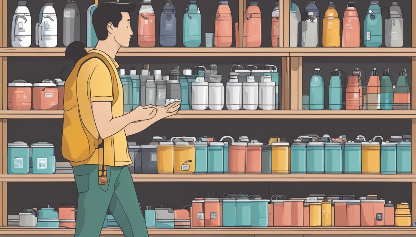A hand reaches for a Hydro Flask in a Singapore store, surrounded by shelves of outdoor gear