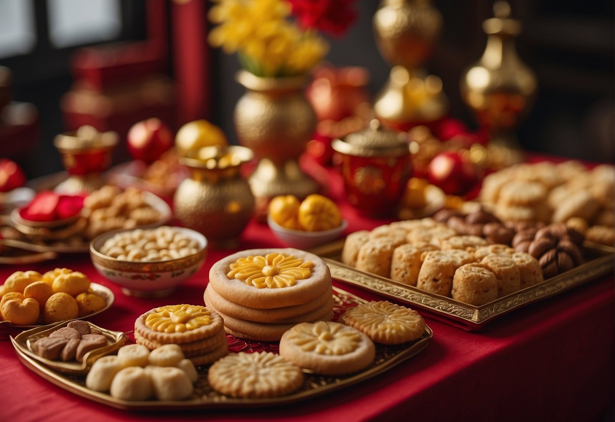 A table is filled with various Chinese New Year cookies, including pineapple tarts, peanut cookies, and love letters. Red and gold decorations adorn the room