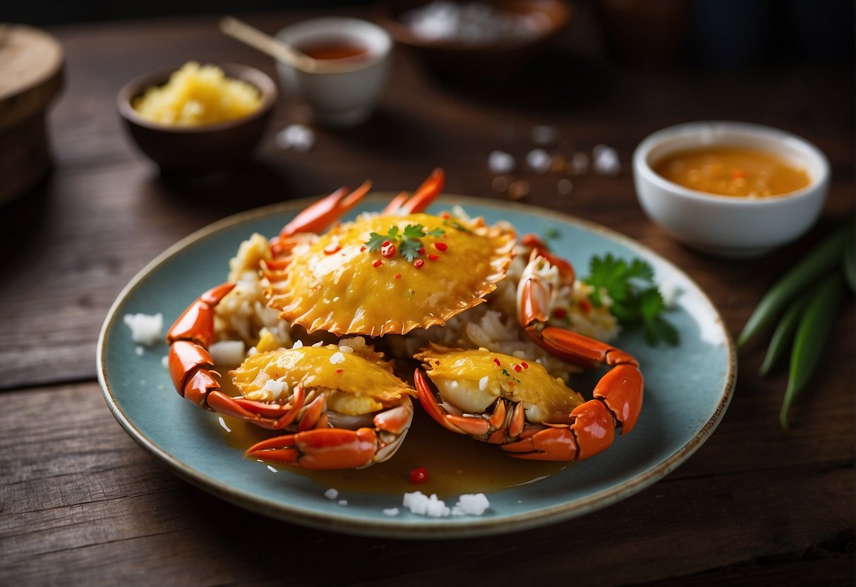 A steaming plate of salted egg crab is paired with Chinese condiments on a rustic wooden table