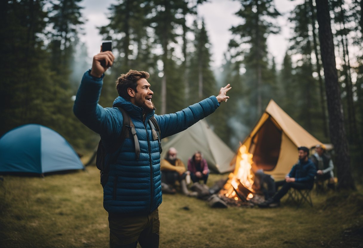 A campsite with a roaring fire, a tent pitched in the background, and a person holding a two-way radio while gesturing towards the sky