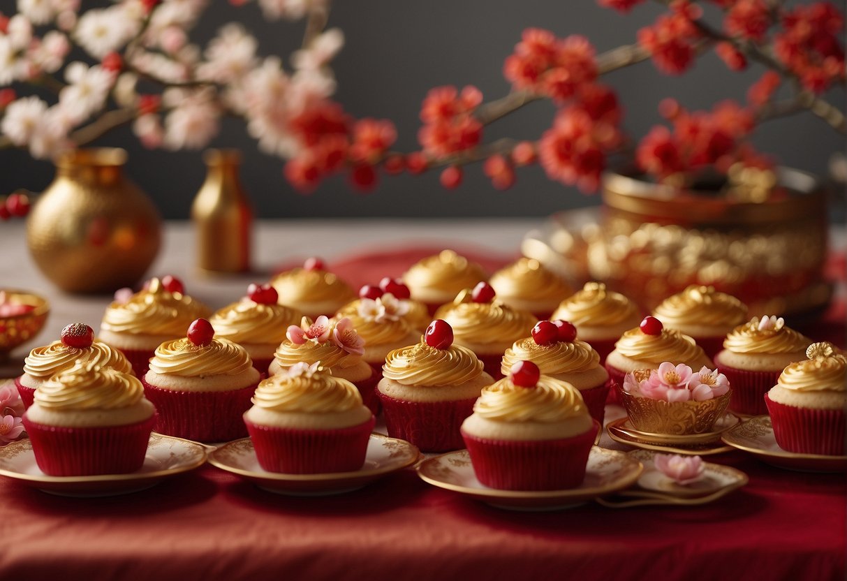 A table adorned with red and gold decorations, filled with freshly baked Chinese New Year themed cupcakes, topped with intricate designs of cherry blossoms and traditional symbols