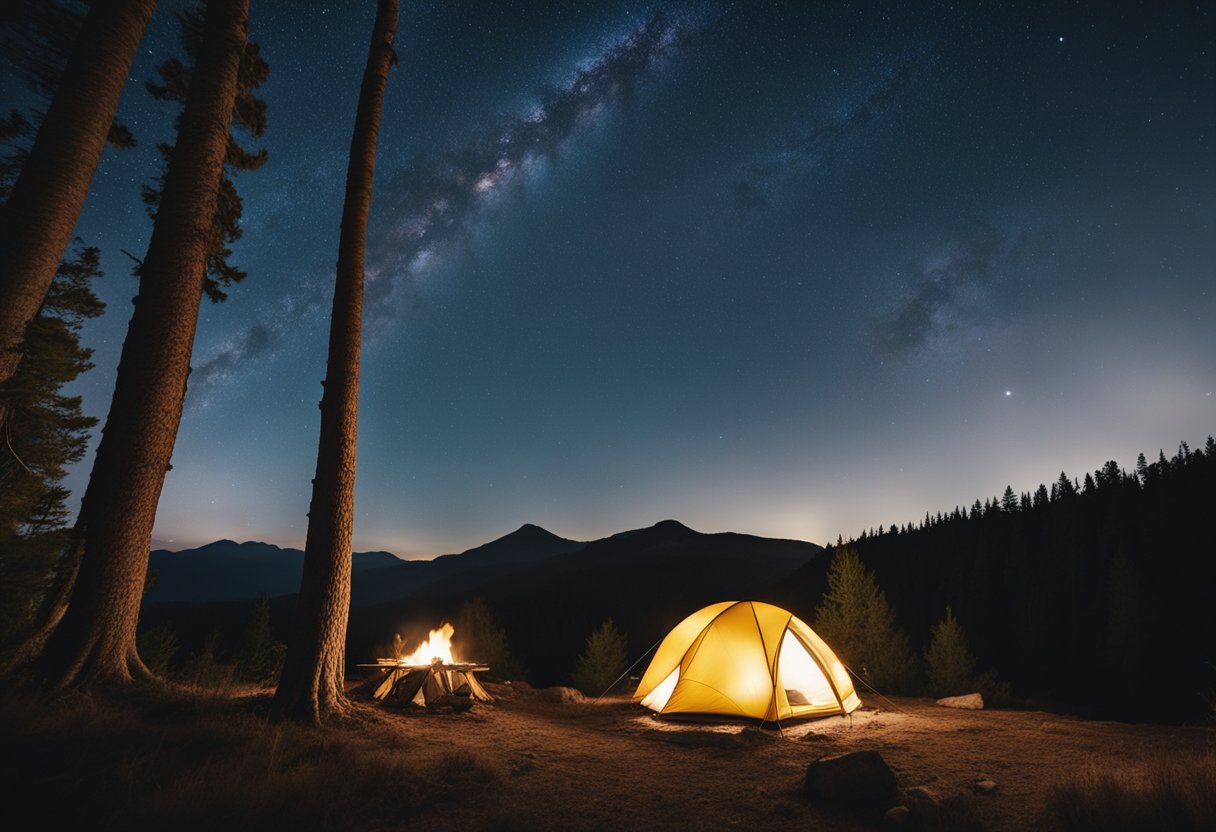 A campsite with a well-organized tent, campfire, and cooking area. Clear sky with stars, surrounded by nature