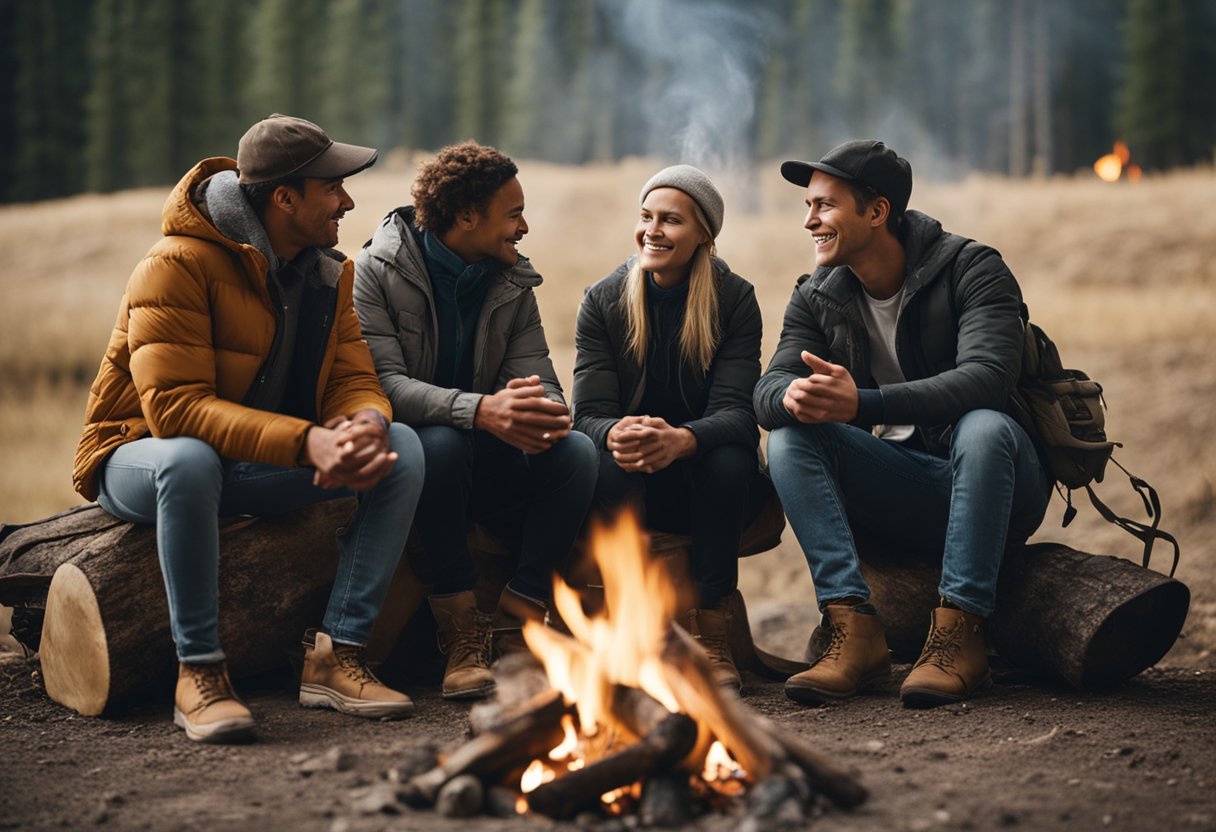 Campers sit around a fire, talking and listening attentively. They use clear and respectful communication, maintaining eye contact and taking turns speaking