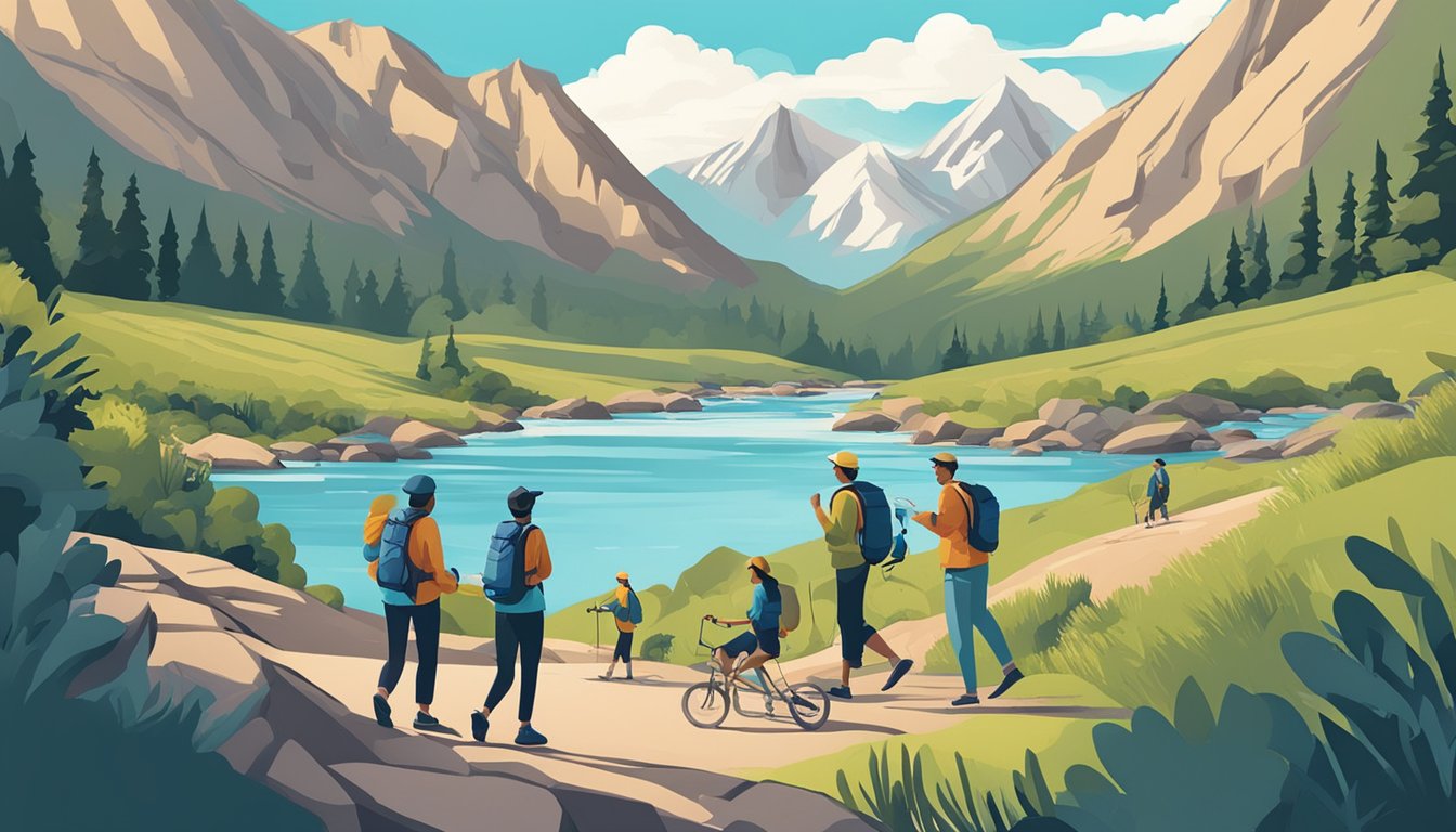 A mountainous landscape with a clear blue sky, a flowing river, and a group of people enjoying outdoor activities while holding Hydro Flask water bottles