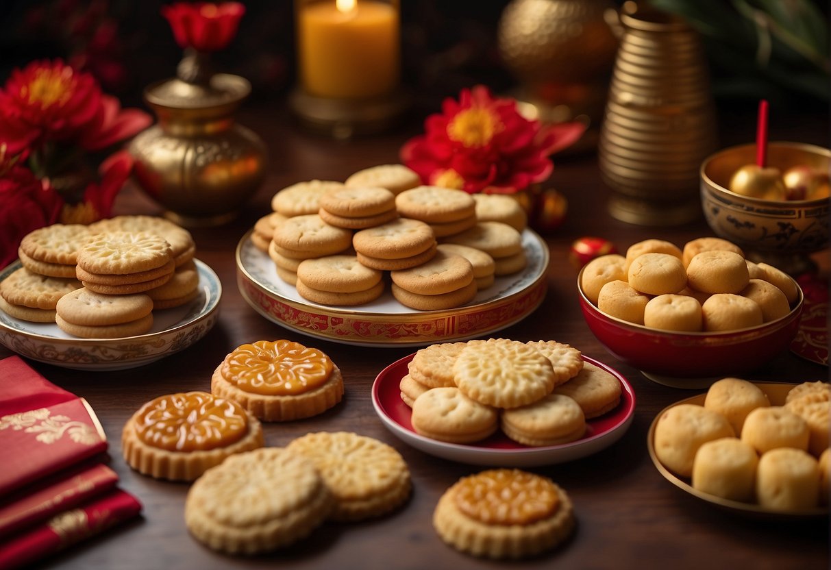 A table filled with various popular Chinese New Year cookie varieties, including pineapple tarts, almond cookies, and love letters, with a backdrop of festive decorations and red packets