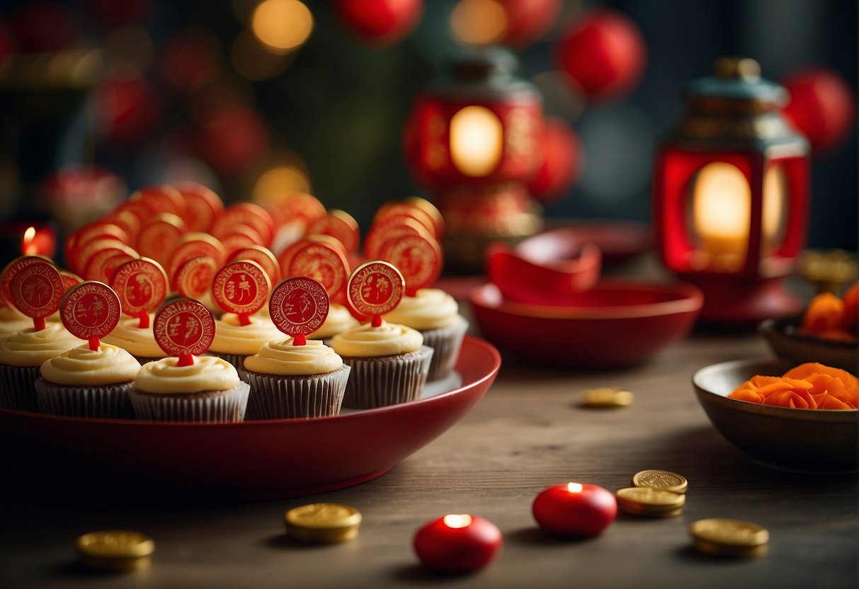 Chinese New Year cupcakes arranged on a festive table with traditional decorations and symbols, such as lanterns, red envelopes, and lucky coins