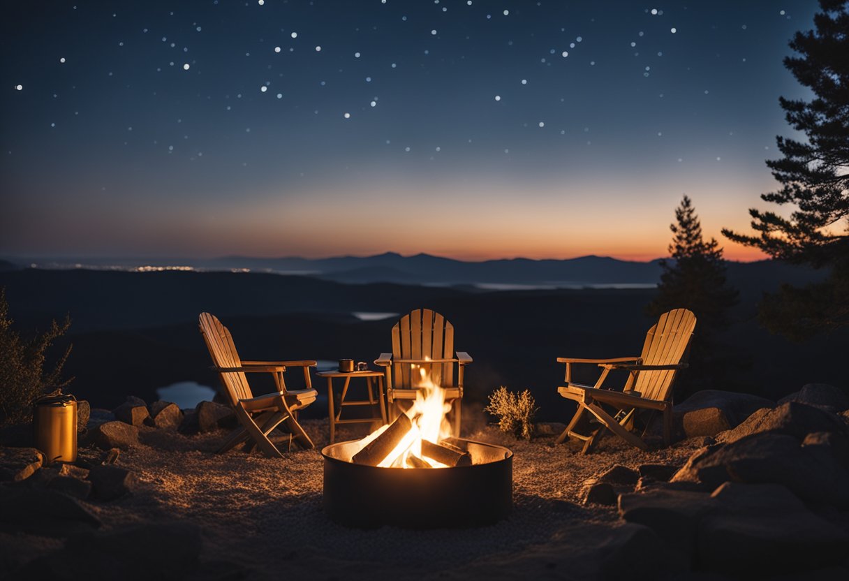 A campsite with organized gear, a well-lit fire pit, and a clear night sky