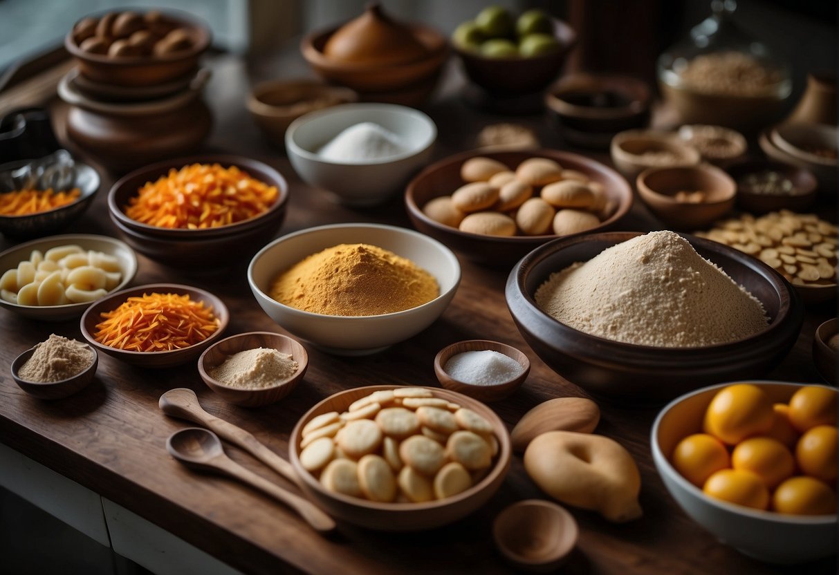 A kitchen counter filled with ingredients and tools for making Chinese New Year cookies in Singapore. Mixing bowls, cookie cutters, and traditional decorations are ready for advanced baking techniques