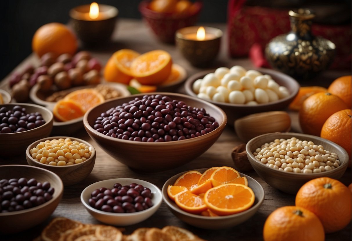 A colorful array of traditional Chinese New Year ingredients, including red bean paste, lotus seeds, and mandarin oranges, are laid out on a festive table