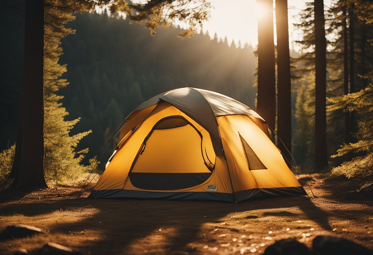 A tent pitched in a peaceful forest clearing, surrounded by tall trees and a crackling campfire. A serene river flows nearby, reflecting the golden hues of the setting sun