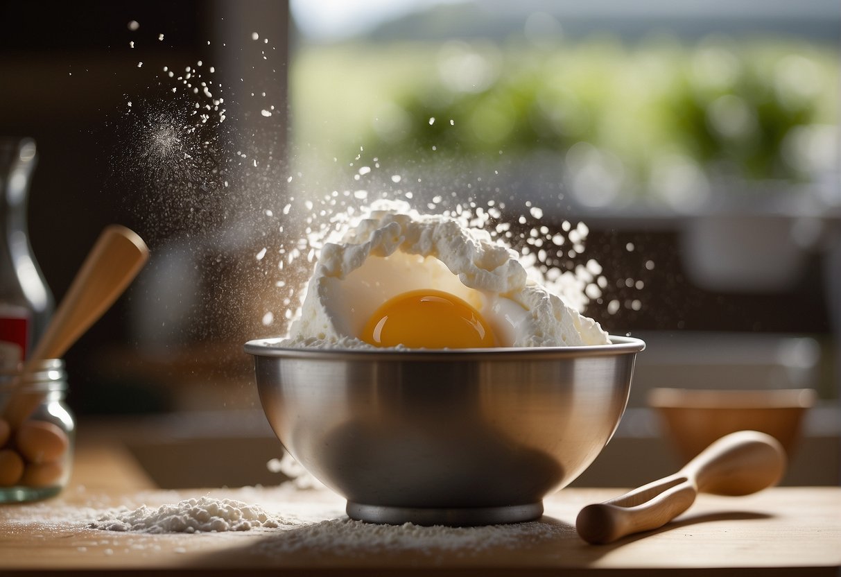 A mixing bowl filled with flour, sugar, and eggs. A whisk stirs the ingredients, creating a smooth batter. Ingredients like vanilla and almond extract are added, filling the air with a sweet aroma