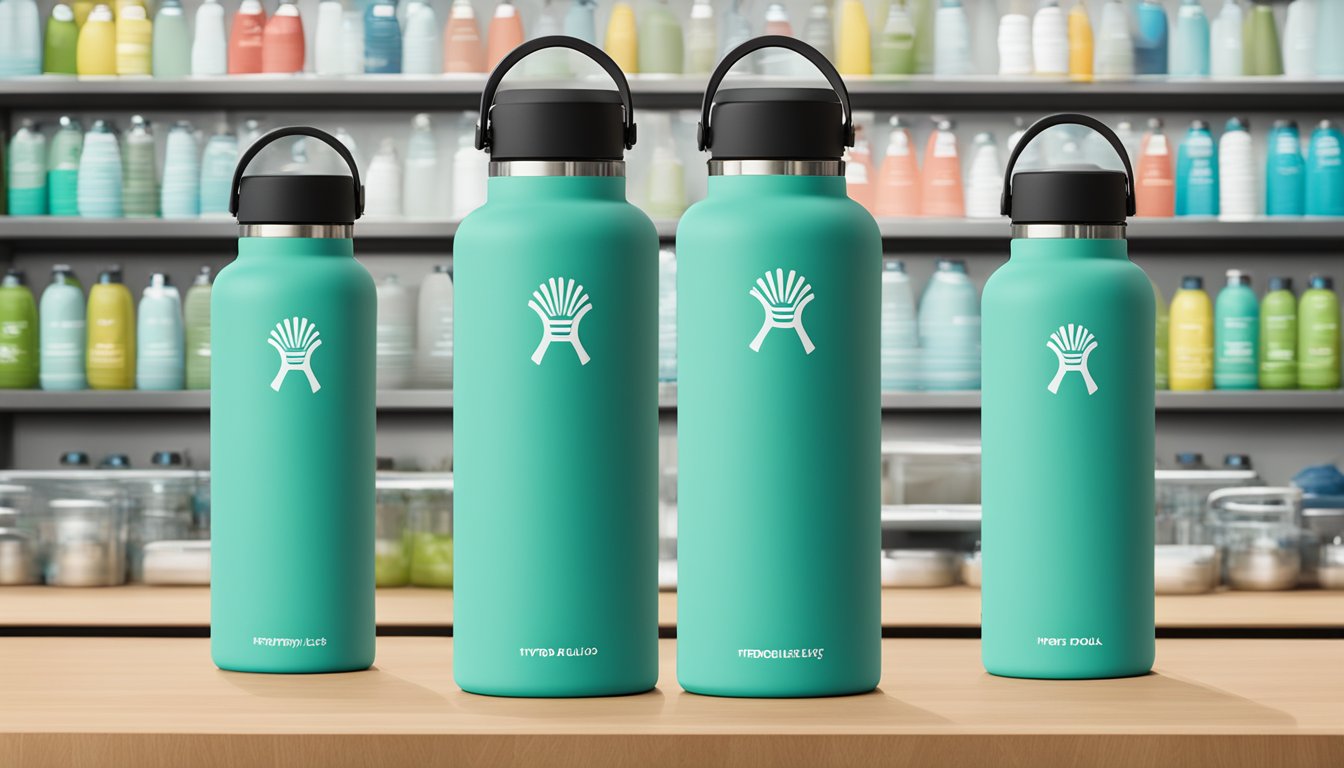 A stack of Hydro Flask bottles with "Frequently Asked Questions" displayed on a screen behind them