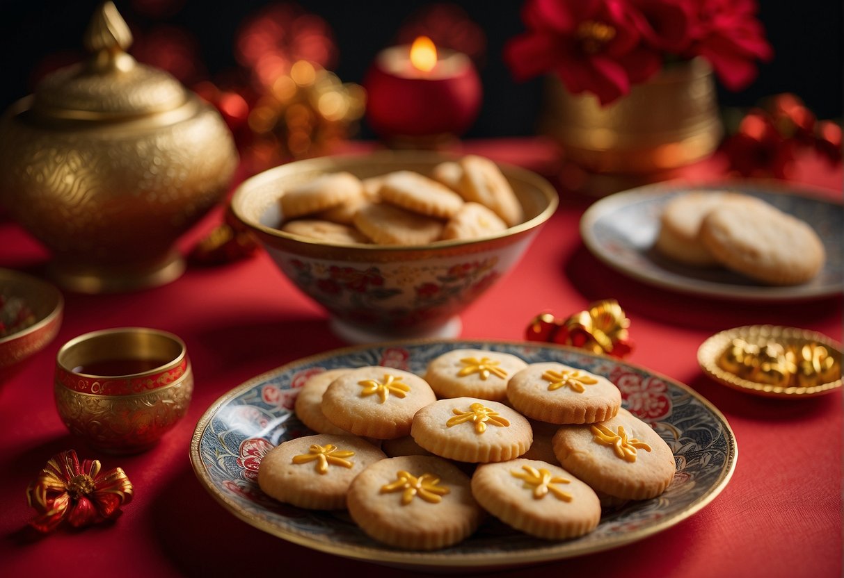 A table set with traditional Chinese New Year cookies, surrounded by red and gold decorations, symbolizing cultural significance and gifting in Singapore