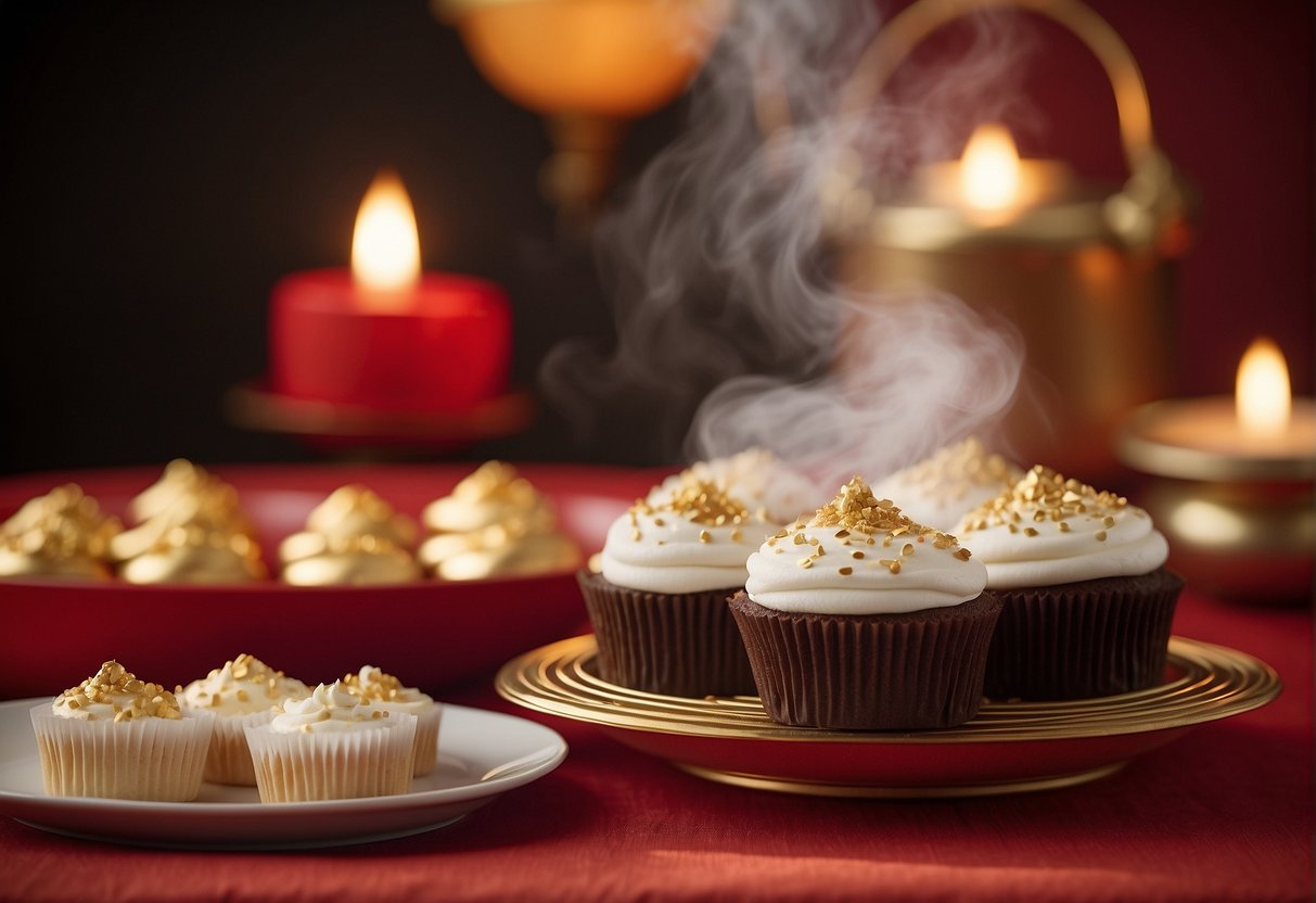 Steam rises from a bamboo steamer filled with Chinese New Year cupcakes, sitting on a traditional red and gold tablecloth