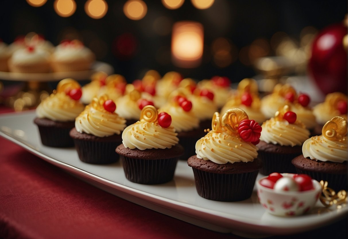 A table adorned with Chinese New Year cupcakes, adorned with festive decorations, and being served to eager guests
