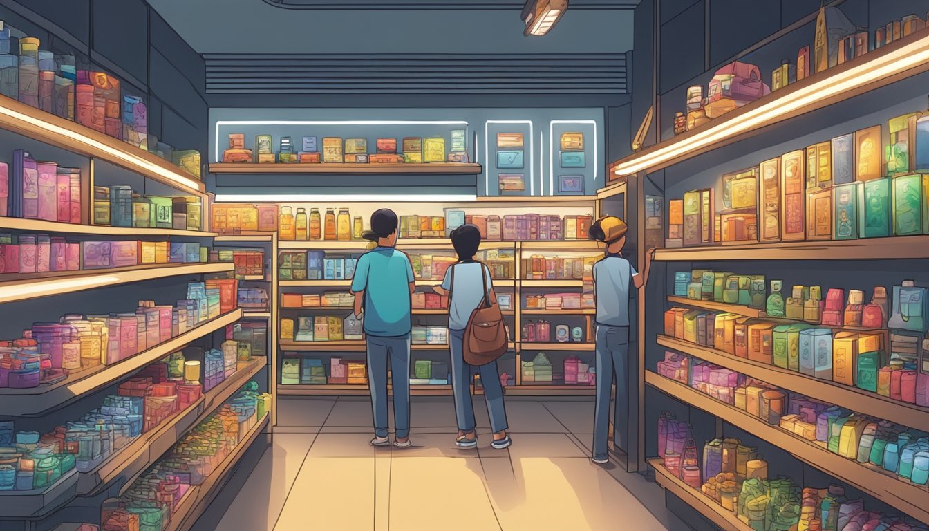 A brightly lit store in Singapore displays a variety of flashlights on shelves. Customers browse and interact with staff